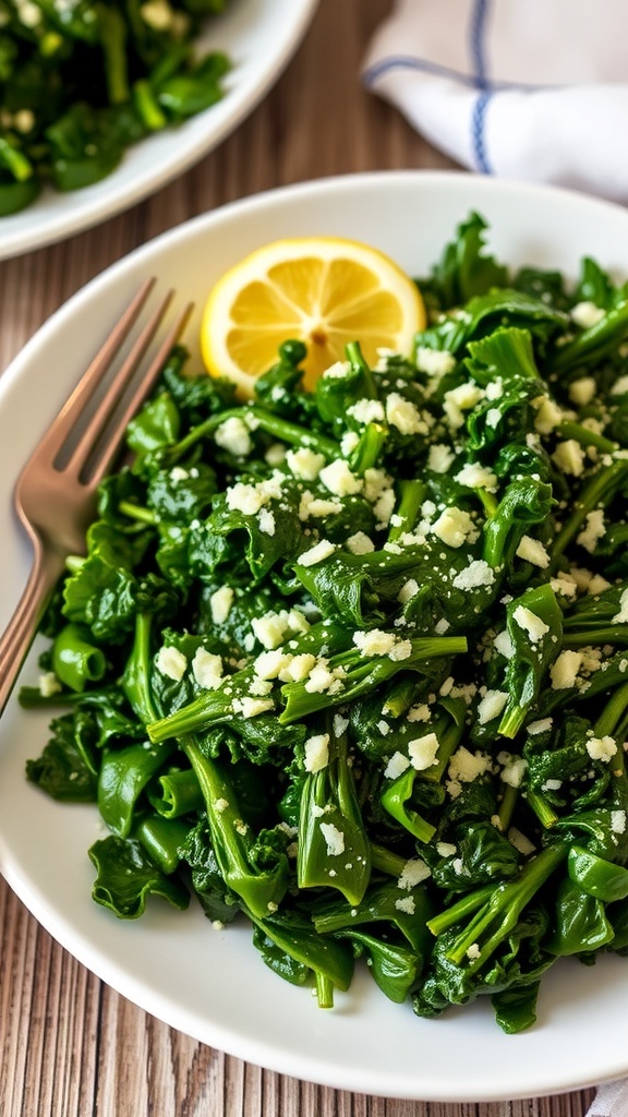 Sautéed kale with garlic and lemon, garnished with Parmesan cheese on a wooden table.